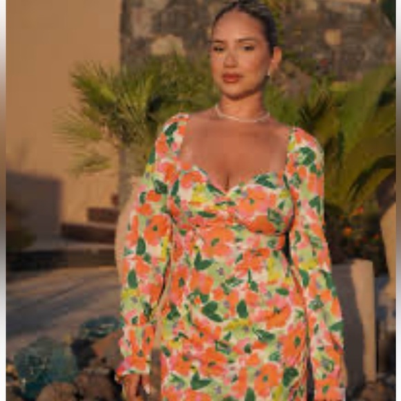 Pretty Little Thing Orange and Green Long Sleeve Floral Midi Dress Tik Tok - Picture 7 of 16